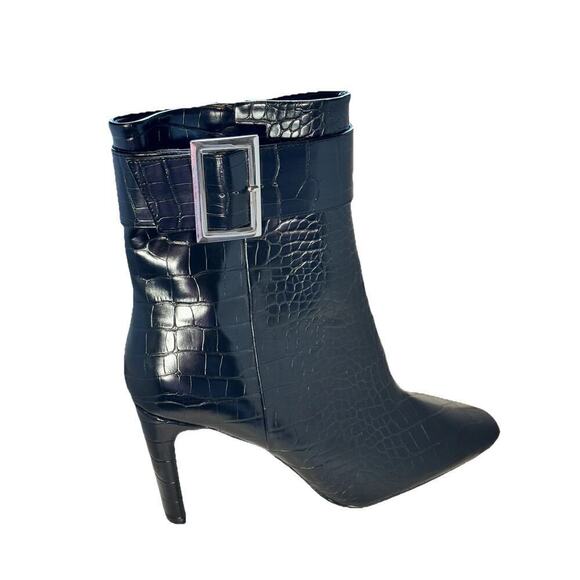 ASOS Design Snake Ankle Boots Womens 8 Black Side Zip Silver Buckle Heel Booties - Picture 1 of 8